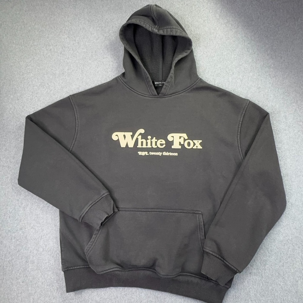 White‎ Fox Hoodie Medium/Large Twin Flame Black Puff Graphic Designer Streetwear